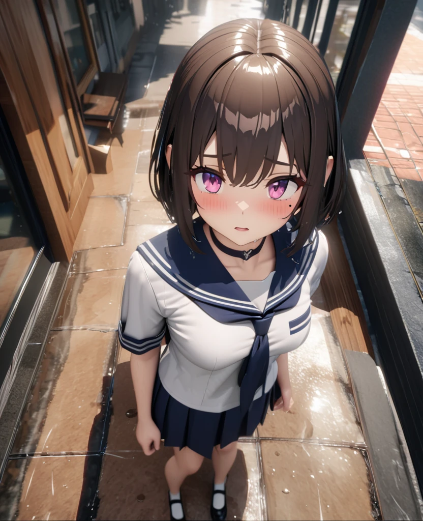 Masterpiece, highest quality, highly detailed, high resolution, expensive solution, high resolution, 4k, 8k, Unity 8k wallpaper, highly detailed CG, masterpiece, 2d, 3d, beautiful details, depth, fine texture, highest quality: 1.3, total concentration, transparent skin, him, very cute anime girl, expensive brown short hair, one girl, high school sailor uniform, rain-soaked and see-through sailor uniform, sidewalk on the way home from school, heavy rain was falling and she was soaking wet. The sailor uniform was see-through, her hair was soaking wet, a little troubled face, whole body, sidewalk on the way home from school, heavy rain, mole under the eye, gaze, expensive, blush, parted lips, heart, pink eyes, choker