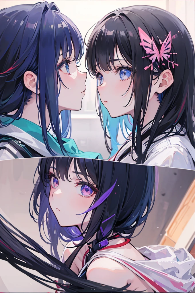 2 girls, staring at each other, side view, close, multicolored hair, high res, masterpiece, supershar, high quality, masterpiece, HD, love themed background, love, high res, masterpiece, supersharp, nsfw, Best quality, Masterpiece, Ultra-high resolution, (photograph realistic:1.4), surrealism