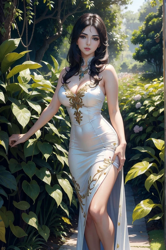 a beautiful woman sunny leone with long dark hair, detailed eyes, nose, and lips, wearing a white dress, standing in a lush garden with flowers, sunlight streaming through the trees, realistic, photorealistic, best quality, 8k, highres, masterpiece, ultra-detailed, vivid colors, natural lighting