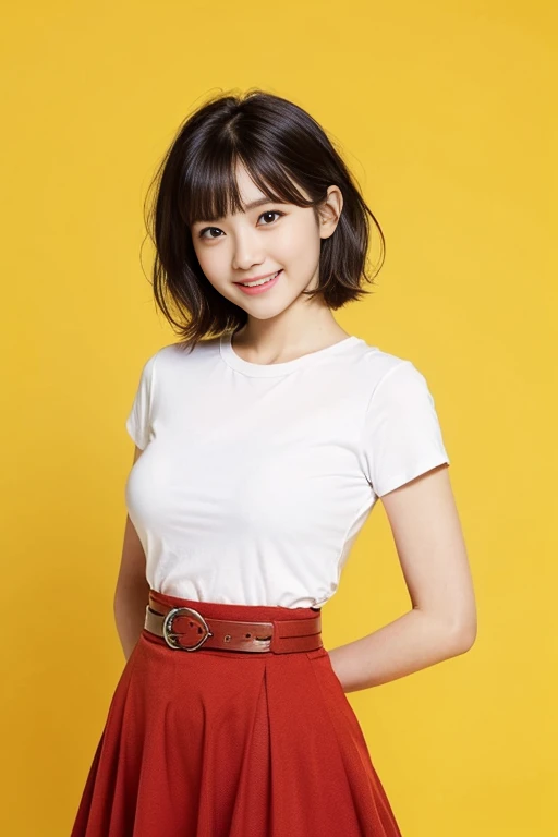 a gorgeous lady, age 22, white T-shirt and red skirt, black belt, dimpled smile, short bob hair, in a natural pose, photorealistic, beautiful detailed eyes, ample round bosom, hyper-realism, high contrast, ultra HD, realistic skin textures, top image quality, top-quality, super high resolution, fine details, very meticulously, simple yellow background