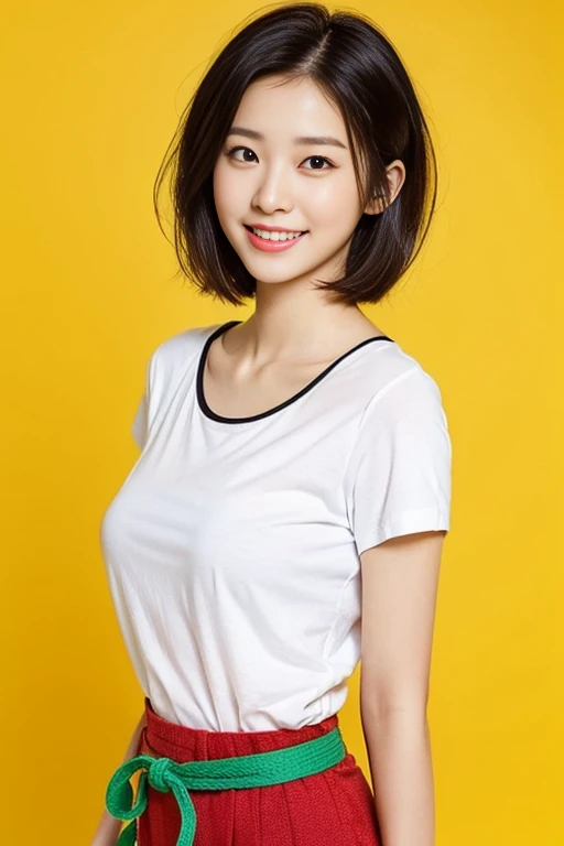 a gorgeous lady, age 22, white T-shirt and red skirt, black belt, dimpled smile, short bob hair, in a natural pose, photorealistic, beautiful detailed eyes, ample round bosom, hyper-realism, high contrast, ultra HD, realistic skin textures, top image quality, top-quality, super high resolution, fine details, very meticulously, simple yellow background