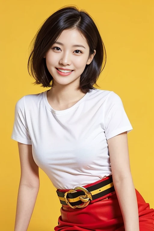 a gorgeous lady, age 22, white T-shirt and red skirt, black belt, dimpled smile, short bob hair, in a natural pose, photorealistic, beautiful detailed eyes, ample round bosom, hyper-realism, high contrast, ultra HD, realistic skin textures, top image quality, top-quality, super high resolution, fine details, very meticulously, simple yellow background