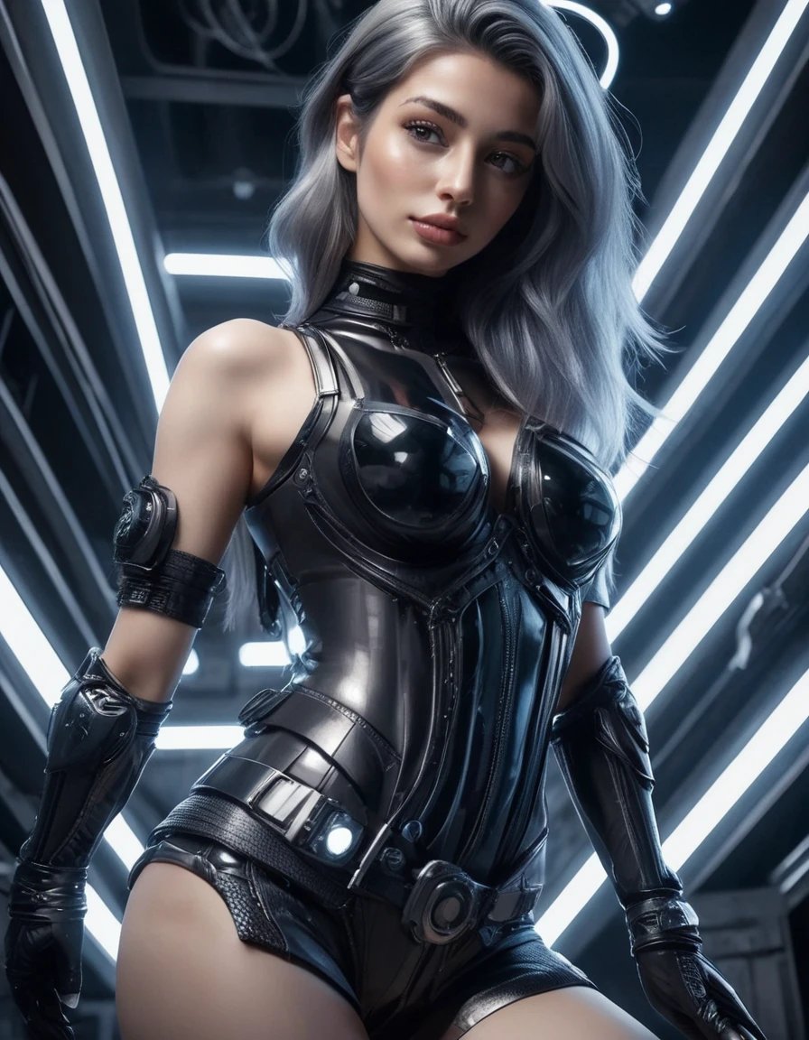 (nsfw:1.2), (masterpiece, Best Quality, hyper Realistic:1.6),
BREAK 
A beautiful, sexy young woman, an Instagram model, with high detail, looking happy. Posed in a wide-angle, gravure style with her arms behind her head, and her full body in the frame. She has a very slim waist, perfectly balanced soft, large breasts with noticeable cleavage, large buttocks, and long, beautiful legs. She is dressed in glamorous clothing that highlights her sculptural beauty. Her realistic soft skin has a silky, slightly oily texture. She has a small head, detailed facial features, and eyes, with a cute, pretty slim face, a half-open duck mouth, and perfect teeth. Her gray hair is neatly arranged, and she is looking directly at the viewer. She is wearing detailed black sexy cyber gear with soft textures and a minimalistic beauty, including advanced technical sneakers. Her stance is harmonious.

She is in a dimly lit room with brilliantly glowing white neon lights. The setting is the interior of a futuristic colony, with mist drifting and steam rising from the concrete.