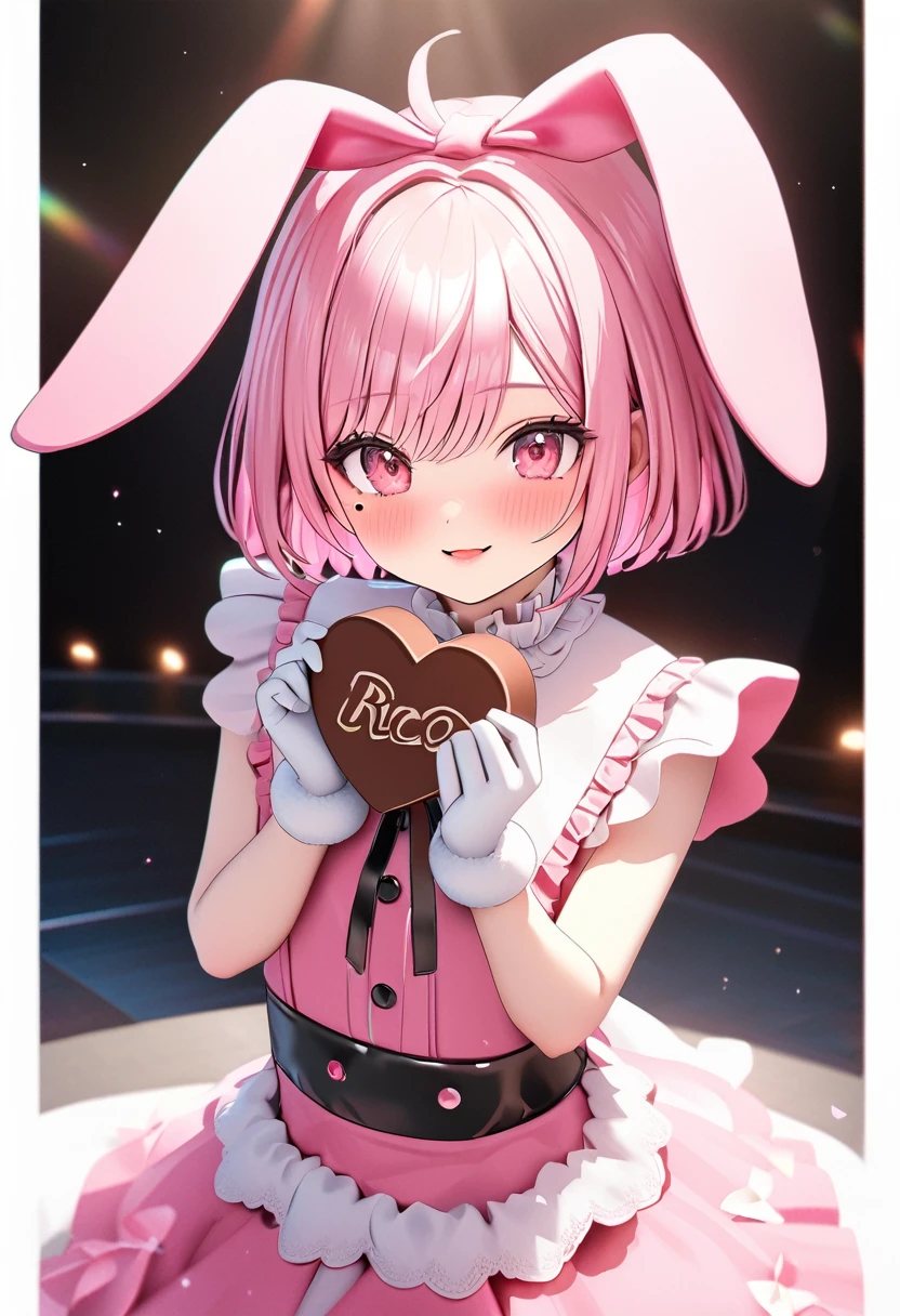 One Girl、Gazing at the audience、
Beautiful pink eyes、Short hair with black and pink inner、Mole under the eye、Plump and glossy lips、Heart-shaped chocolate、Idol、Her name is Rico、smile、ー、。。。。。。。。。。。。。。。。。。。。。。。。。。。。。。。。3D、Real、
Idol衣装、Pink fluffy top、Black fluffy mini skirt、Rabbit-inspired costume、、gem、Floral、Lace trim、On the glittering stage、
masterpiece、highest quality、8k、Detailed skin texture、Detailed cloth texture、Beautifully detailed face、Intricate details、Very detailed、
Ultra-high resolution、8k Ultra HD、Film Grain、Best Shadow、delicate、Gazing at the audience、front