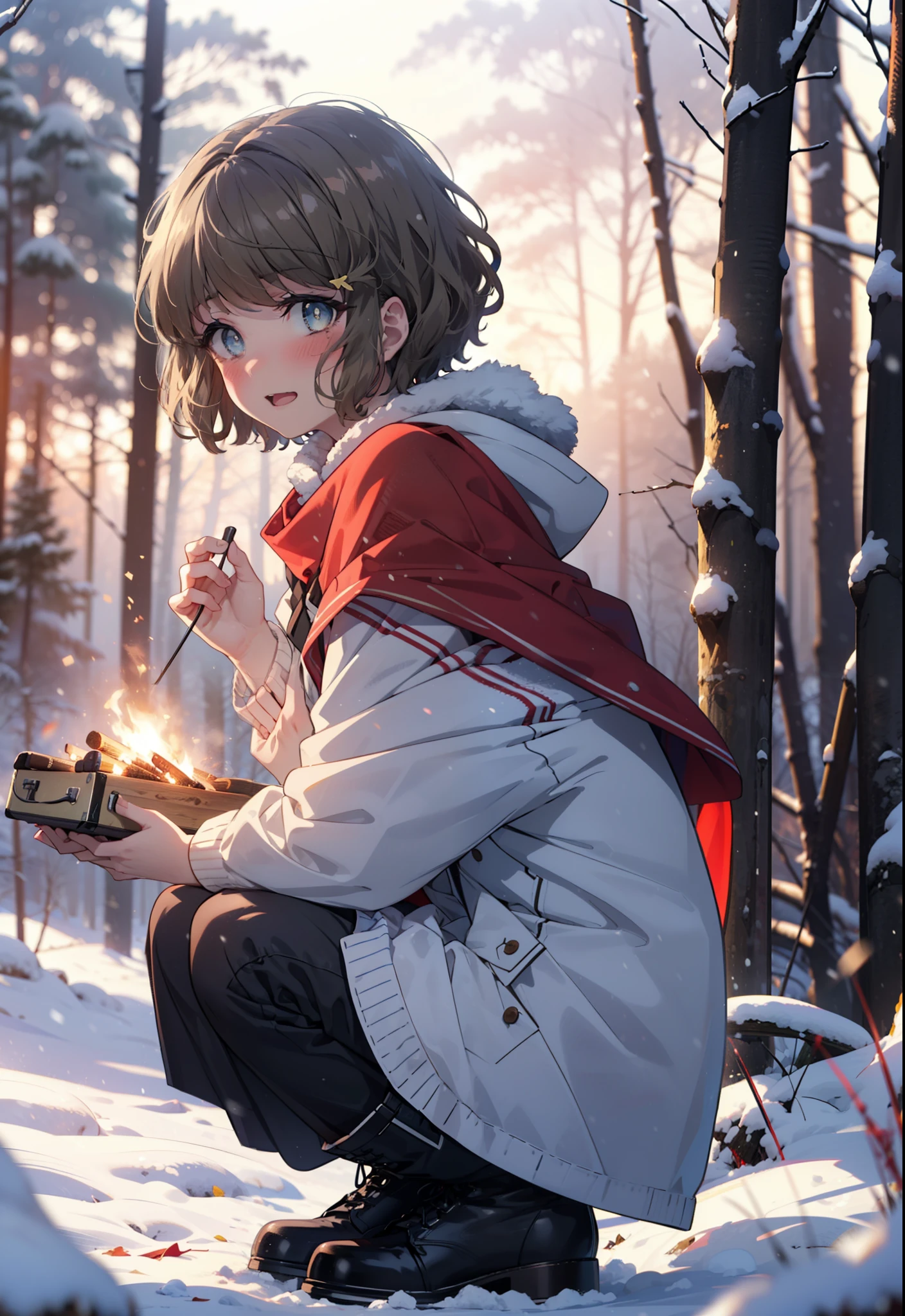 tomoekoga, Chie Koga, short hair, Brown Hair, blue eyes, hair band,smile,blush,White Breath,Mid-chest,
Open your mouth,snow,Ground bonfire, Outdoor, boots, snowing, From the side, wood, suitcase, Cape, Blurred, having meal, forest, White handbag, nature, Squat, Mouth closed, Cape, winter, Written boundary depth, Black shoes, red Cape break looking at viewer, Upper Body, whole body, break Outdoor, forest, nature, break (masterpiece:1.2), highest quality, High resolution, unity 8k wallpaper, (shape:0.8), (Beautiful and beautiful eyes:1.6), Highly detailed face, Perfect lighting, Highly detailed CG, (Perfect hands, Perfect Anatomy),
