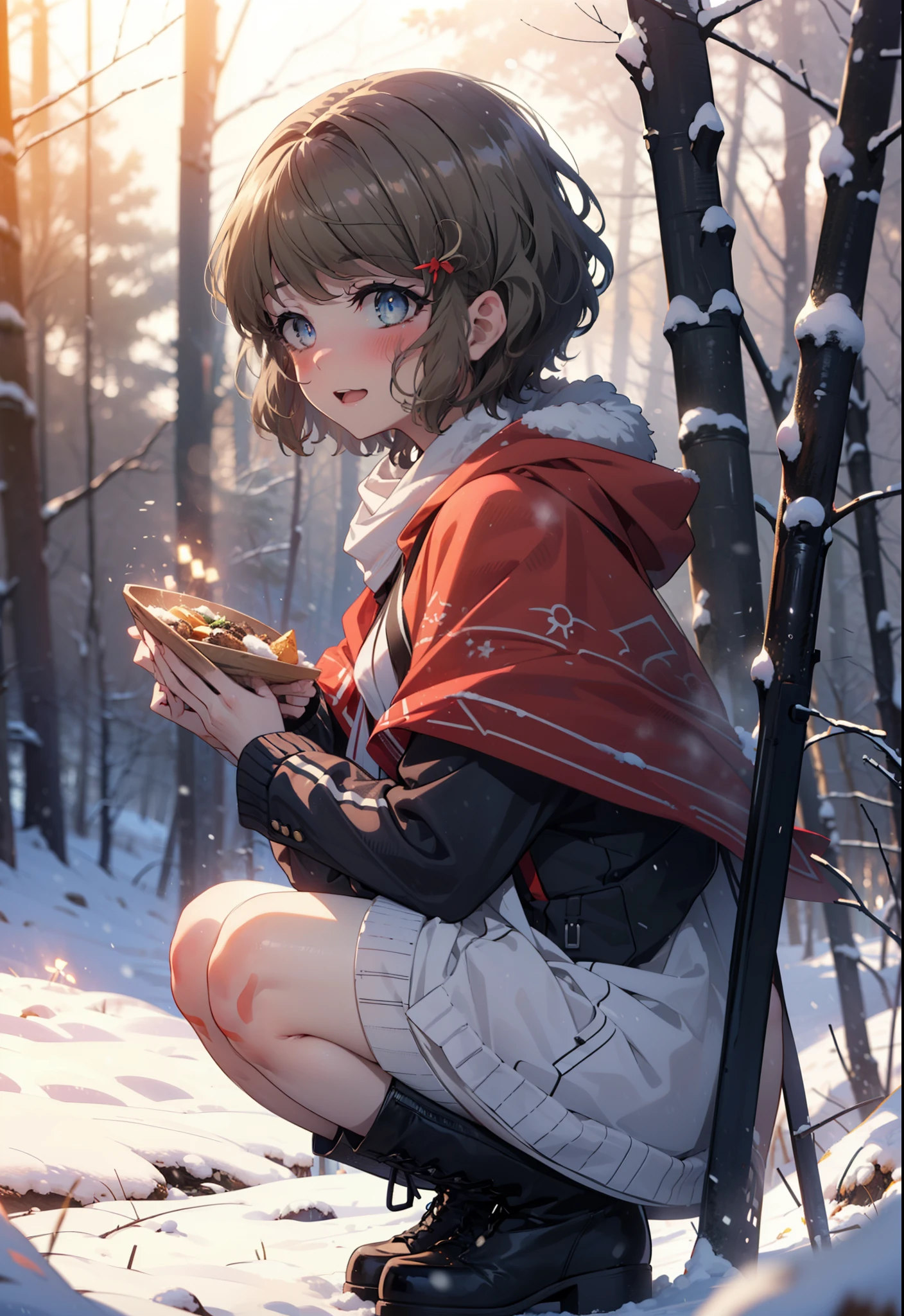 tomoekoga, Chie Koga, short hair, Brown Hair, blue eyes, hair band,smile,blush,White Breath,Mid-chest,
Open your mouth,snow,Ground bonfire, Outdoor, boots, snowing, From the side, wood, suitcase, Cape, Blurred, having meal, forest, White handbag, nature, Squat, Mouth closed, Cape, winter, Written boundary depth, Black shoes, red Cape break looking at viewer, Upper Body, whole body, break Outdoor, forest, nature, break (masterpiece:1.2), highest quality, High resolution, unity 8k wallpaper, (shape:0.8), (Beautiful and beautiful eyes:1.6), Highly detailed face, Perfect lighting, Highly detailed CG, (Perfect hands, Perfect Anatomy),
