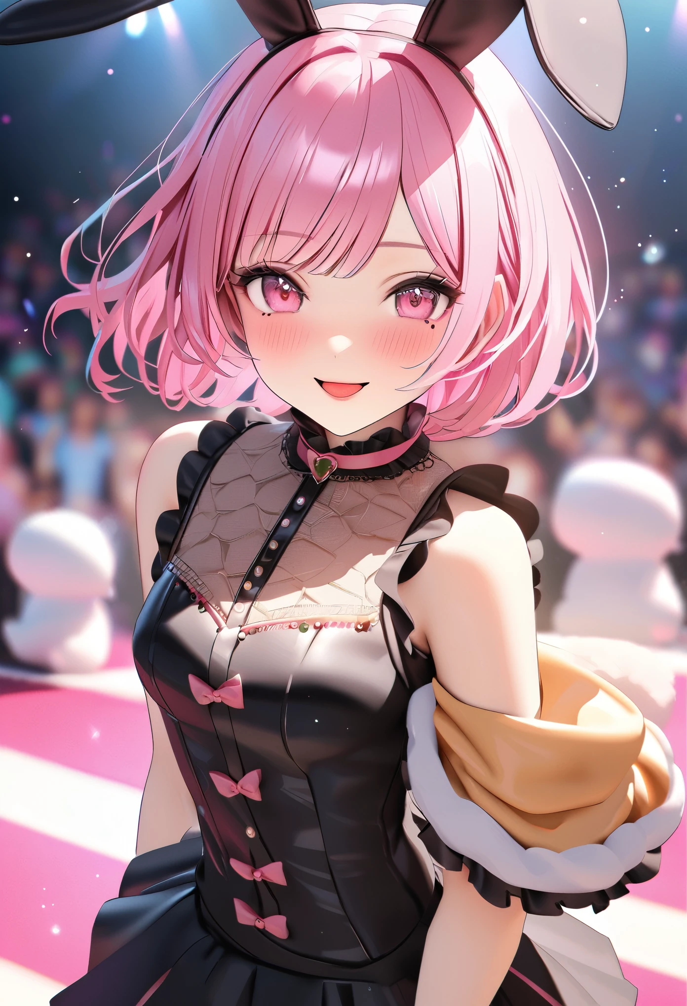 One Girl、Gazing at the audience、
Beautiful pink eyes、Short hair with black and pink inner、Mole under the eye、Plump and glossy lips、Heart-shaped chocolate、Idol、Her name is Rico、smile、ー、。。。。。。。。。。。。。。。。。。。。。。。。。。。。。。。。3D、Real、
Idol衣装、Pink fluffy top、Black fluffy mini skirt、Rabbit-inspired costume、、gem、Floral、Lace trim、On the glittering stage、
masterpiece、highest quality、8k、Detailed skin texture、Detailed cloth texture、Beautifully detailed face、Intricate details、Very detailed、
Ultra-high resolution、8k Ultra HD、Film Grain、Best Shadow、delicate、Gazing at the audience、front