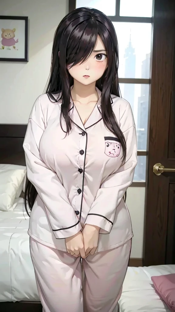 1girl,perfect ,black hair, long hair, (hair over one eye:1.4), messy hair, hair between eyes, plump, chubby,fat, saggy breast, cute motif pajama, cute shy blush on , bedroom 