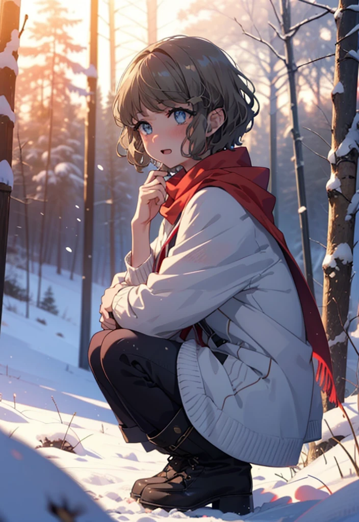 tomoekoga, Chie Koga, short hair, Brown Hair, blue eyes, hair band,smile,blush,White Breath,Mid-chest,
Open your mouth,snow,Ground bonfire, Outdoor, boots, snowing, From the side, wood, suitcase, Cape, Blurred, having meal, forest, White handbag, nature, Squat, Mouth closed, Cape, winter, Written boundary depth, Black shoes, red Cape break looking at viewer, Upper Body, whole body, break Outdoor, forest, nature, break (masterpiece:1.2), highest quality, High resolution, unity 8k wallpaper, (shape:0.8), (Beautiful and beautiful eyes:1.6), Highly detailed face, Perfect lighting, Highly detailed CG, (Perfect hands, Perfect Anatomy),
