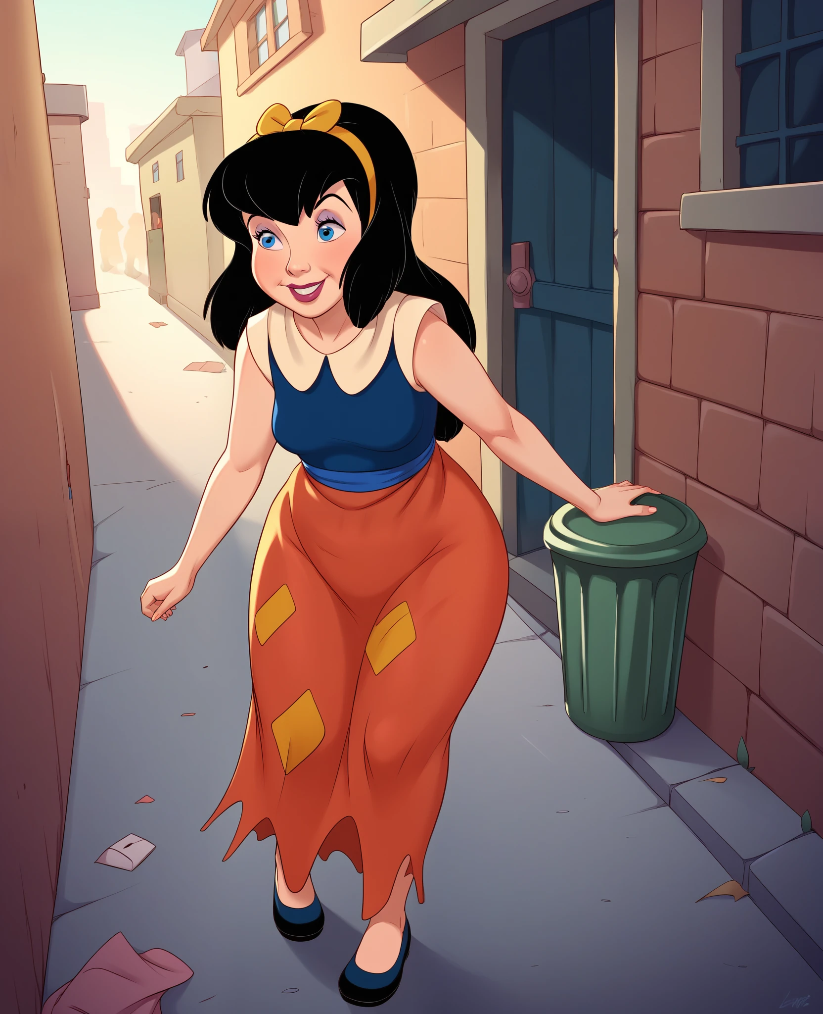 score_9, score_8, score_7, BREAK, 1 woman, adult female , mature woman body, anne-marie, medium breasts, chubby hips, black hair, long hair, hairband, blue eyes, dress, smile, outdoors, back alley, trash can