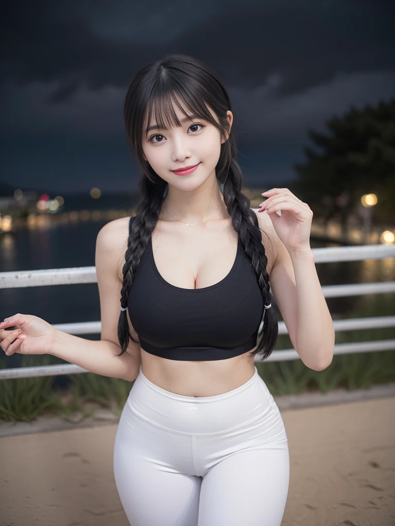 highest quality, masterpiece,1 girl , ,short, Big , Gray hair,Two low braids, Purple eyes, Yukinekris, Thin double braids,, Beach, Ocean, White dress, White dress, White dress , Straw hat, (((shy) ) ), (Happiness), summer, From above, Reaching out, smiling, Realistic photo, (A beautiful woman:1.33), beautiful expression, (delicate eyes:1.3), (delicate face:1.3 ) , Smile, (shiny hair:1.2), Super detailed , high resolution, Sporty figure, (big breasts:1.25), (long hair:1.2), (beautiful woman), ( Navel cute:1.2), (Depth of field f/1.8:1.45 ), sharp focus, original photo , (Thin black shirt:1.45), (Thin white pants:1.4), (Thin tight black pants:1.4 ), (sports bra:1.4), (Thick thighs:1.5), (Forward facing:1.25), (cowboy shots:1.4), (Night sports:1.4), (dark sky:1.5 ),