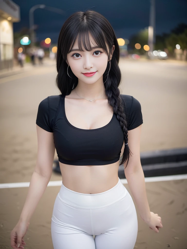 highest quality, masterpiece,1 girl , ,short, Big , Gray hair,Two low braids, Purple eyes, Yukinekris, Thin double braids,, Beach, Ocean, White dress, White dress, White dress , Straw hat, (((shy) ) ), (Happiness), summer, From above, Reaching out, smiling, Realistic photo, (A beautiful woman:1.33), beautiful expression, (delicate eyes:1.3), (delicate face:1.3 ) , Smile, (shiny hair:1.2), Super detailed , high resolution, Sporty figure, (big breasts:1.25), (long hair:1.2), (beautiful woman), ( Navel cute:1.2), (Depth of field f/1.8:1.45 ), sharp focus, original photo , (Thin black shirt:1.45), (Thin white pants:1.4), (Thin tight black pants:1.4 ), (sports bra:1.4), (Thick thighs:1.5), (Forward facing:1.25), (cowboy shots:1.4), (Night sports:1.4), (dark sky:1.5 ),