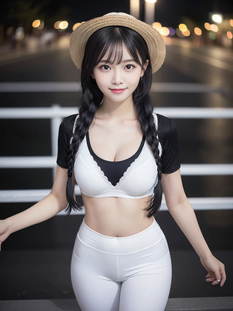 highest quality, masterpiece,1 girl , ,short, Big , Gray hair,Two low braids, Purple eyes, Yukinekris, Thin double braids,, Beach, Ocean, White dress, White dress, White dress , Straw hat, (((shy) ) ), (Happiness), summer, From above, Reaching out, smiling, Realistic photo, (A beautiful woman:1.33), beautiful expression, (delicate eyes:1.3), (delicate face:1.3 ) , Smile, (shiny hair:1.2), Super detailed , high resolution, Sporty figure, (big breasts:1.25), (long hair:1.2), (beautiful woman), ( Navel cute:1.2), (Depth of field f/1.8:1.45 ), sharp focus, original photo , (Thin black shirt:1.45), (Thin white pants:1.4), (Thin tight black pants:1.4 ), (sports bra:1.4), (Thick thighs:1.5), (Forward facing:1.25), (cowboy shots:1.4), (Night sports:1.4), (dark sky:1.5 ),