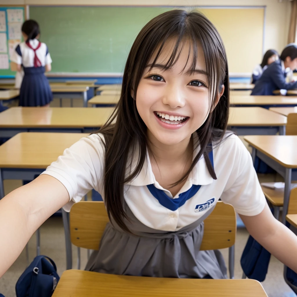 Laughing Japanese high school girl、High 、School classroom、Laughing with your mouth open、Smiling at the camera