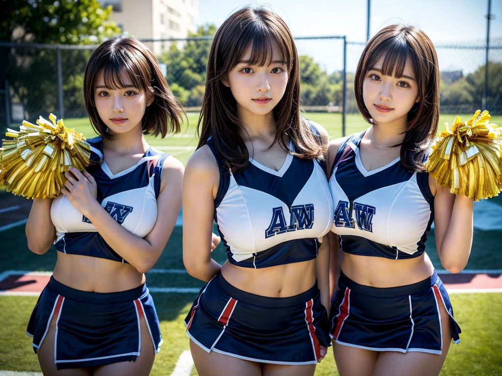 (RAW photo, 4k, masterpiece, high resolution, extremely complex) (realistic: 1.4), cinematic lighting
 ((2 girls, 2 schoolgirls)),blushing,((innocent)),bright eyes,round eyes,blunt bangs,(short bob hair:1.3),black hair,large breasts,wide hips,Summer Noon, ,Hot, (Best Quality), (Highres), (an Extremely Delicate and Beautiful),(Beautiful 8k face),(Brown eyes),( spectators),(gigantic breasts),(Play with each other,Touching each other's bodies,Touching the body),(cheer girl:1.5),(a miniskirt),(reality),bright lighting,(The background is a luxury hotel room)