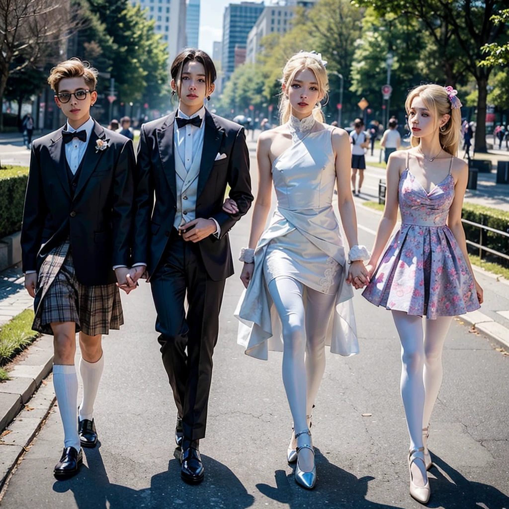 Four Various  Boys In Colorful Kneelenght Dresses With FLOWERY Patterns, White Pantyhose And Ballet Flats, They long Blond Hairs Tied In Twin High Ponytails By Pretty Hair bows. They Have B Size Chest. They Ears Pierced By Pretty Earrings. They Walk Through the Park.