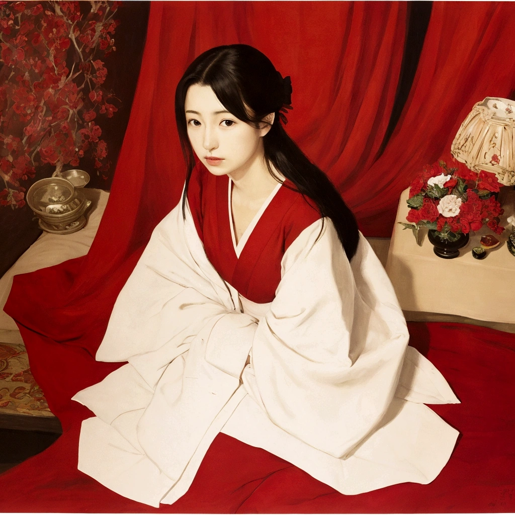 A painting of a woman sitting on a bed with a red blanket, by Kazumasa Miyagawa, by Shigenobu Yanagawa, by Takanobu Kano, by Kano Masanobu, by Flower Room One Long II, by Fujiwara Takanobu, by Sawa Sekkyō