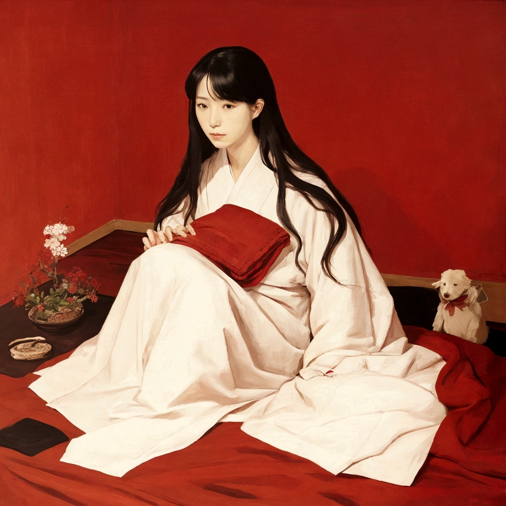 A painting of a woman sitting on a bed with a red blanket, by Kazumasa Miyagawa, by Shigenobu Yanagawa, by Takanobu Kano, by Kano Masanobu, by Flower Room One Long II, by Fujiwara Takanobu, by Sawa Sekkyō