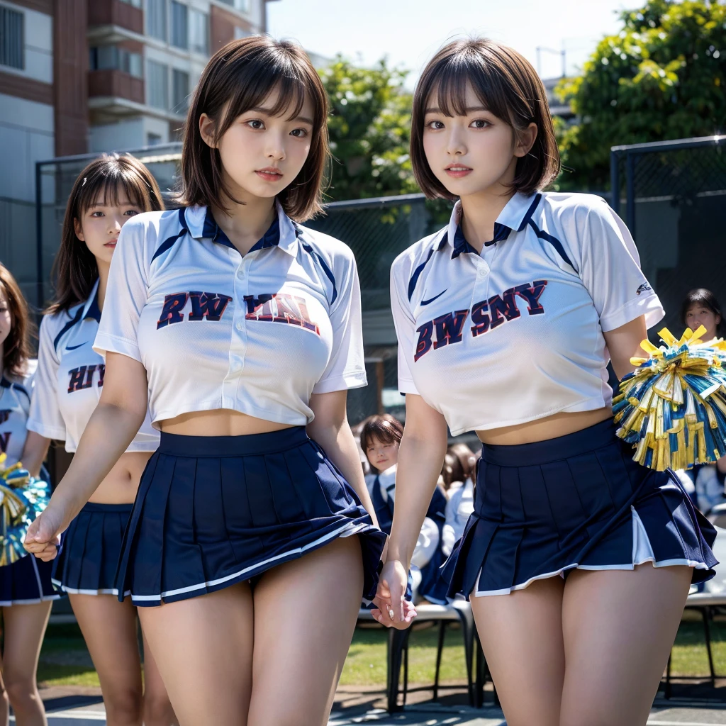 (RAW photo, 4k, masterpiece, high resolution, extremely complex) (realistic: 1.4), cinematic lighting
((2 girls, 2 schoolgirls)),blushing,((innocent)),bright eyes,round eyes,blunt bangs,(short bob hair:1.3),black hair,large breasts,wide hips,Summer Noon, ,Hot, (Best Quality), (Highres), (an Extremely Delicate and Beautiful),(Beautiful 8k face),(Brown eyes),( spectators),(gigantic breasts),(Play with each other,Touching each other's bodies,Touching the body),(cheer girl:1.5),(a miniskirt),(reality),bright lighting,(The background is a luxury hotel room)