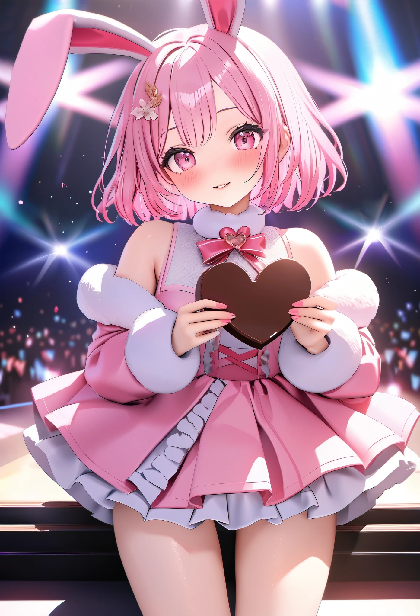 One Girl、Gazing at the audience、
Beautiful pink eyes、Short hair with black and pink inner、Mole under the eye、Plump and glossy lips、Heart-shaped chocolate、Idol、Her name is Rico、smile、ー、。。。。。。。。。。。。。。。。。。。。。。。。。。。。。。。。3D、Real、
Idol衣装、Pink fluffy top、Black fluffy mini skirt、Rabbit-inspired costume、、gem、Floral、Lace trim、On the glittering stage、
masterpiece、highest quality、8k、Detailed skin texture、Detailed cloth texture、Beautifully detailed face、Intricate details、Very detailed、
Ultra-high resolution、8k Ultra HD、Film Grain、Best Shadow、delicate、Gazing at the audience、front