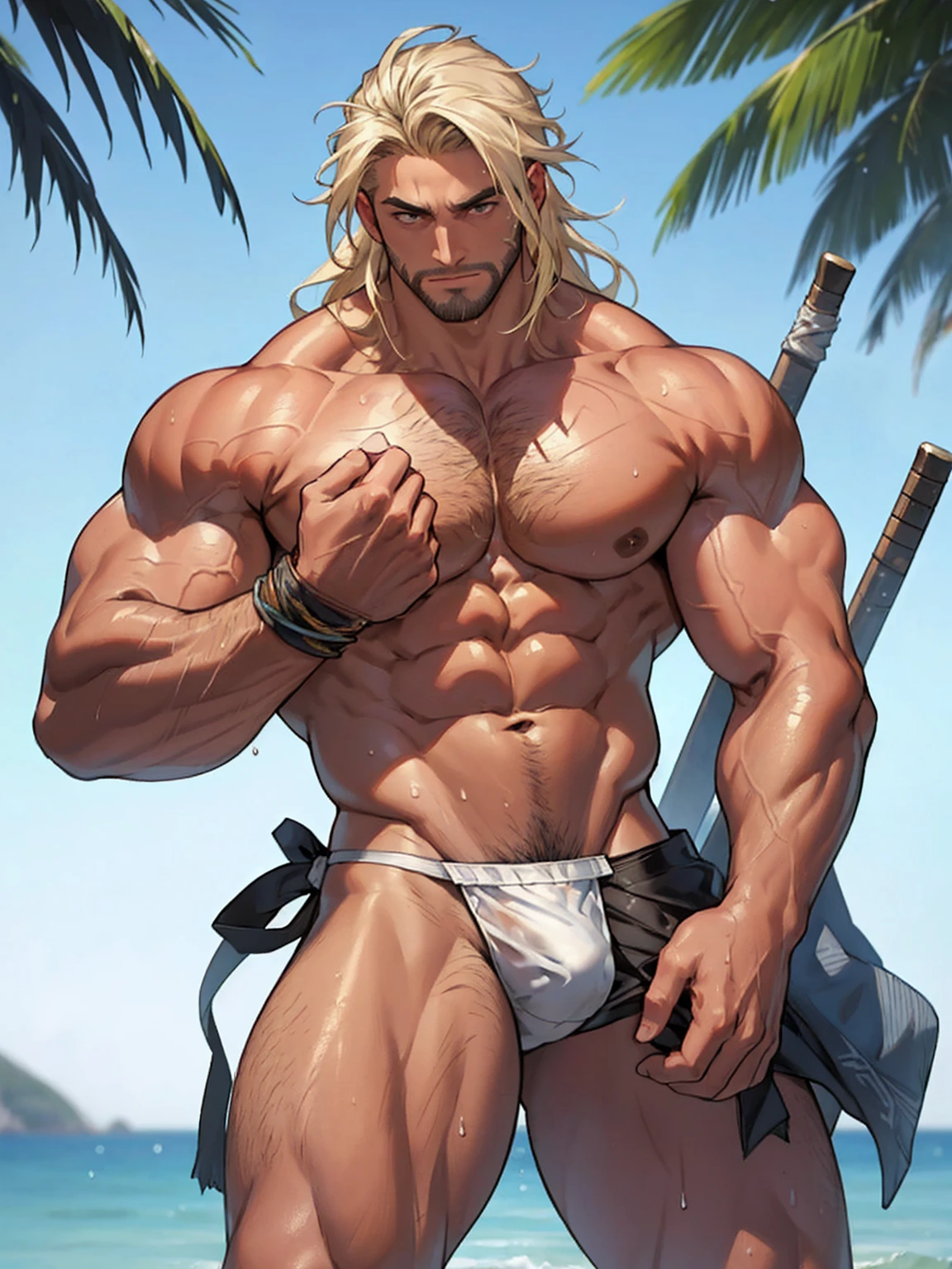 (masterpiece, highest quality), male, Wear miniature String ((White Micro Thong:_pattern_design_String_Breathe life into it_Huge pectoral muscles_The whole body gets wet)), Wide angle, Athletic build, male, Shiny_skin, muscle,Perfect human structure,Blonde, Long Hair, A look of determination, Narrow waist, Wide Chest, muscle質 , figure, 水color ink sketch,(Big bulge),Leg spread,Glans,((Support the groin)),((Thick body hair)),(Hands touching the crotch),Armpit hair grows,(Bottom-up view),Round ass,The hips are protruding forward,((Clothes are wet)),butterfly,((Very detailed, Very elaborate legs, Very elaborate weapons, Very detailed face, Eye for perfect detail, Perfectly detailed anatomy)),(Broad shouldered)
