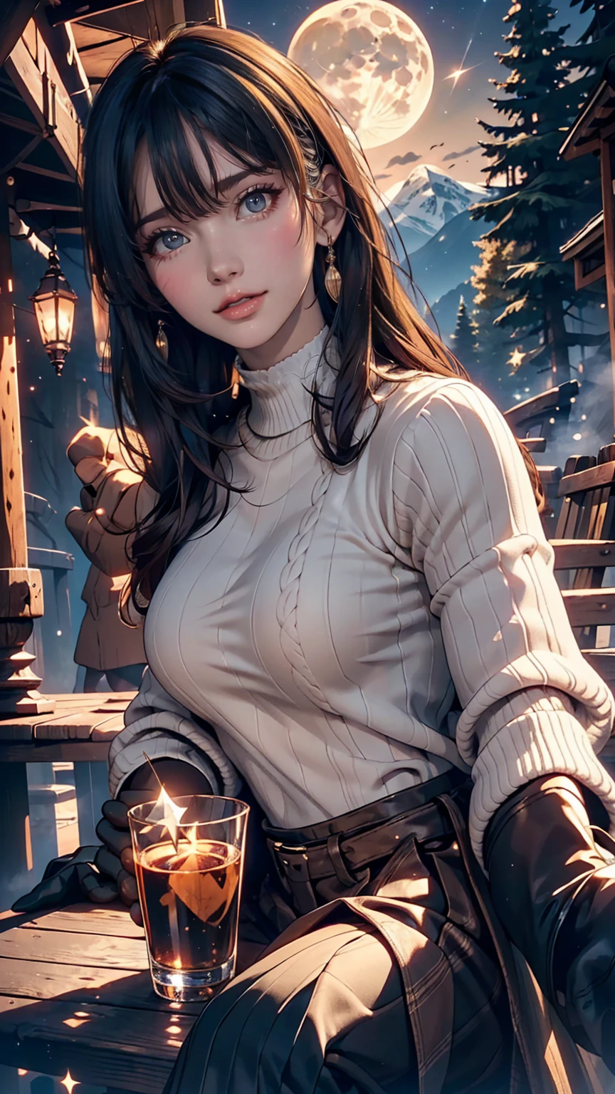 Veronica Cypher ((Upper body selfie, Happy)), masterpiece, highest quality, Super detailed, alone, Outdoor, (night), Mountain, nature, (star, moon) Hilarious, Happy, Gloves, sweater, Have, flashlight, forest, rock, river, wood, cigarette, Shadow, Contrast, sunny, Analog Style (View the viewer:1.2) (Skin Texture) (Film Grain: 1.3), (Warm colors, Warm tones): 1.2), close, Cinematic Light, Side light, Ultra-high resolution, Best Shadow, born, Wearing a pullover, Kodak Vision 3,
