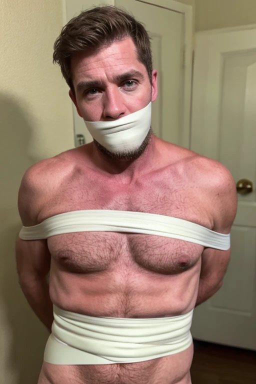 middle-aged handsome man full body, hairy chest, naked, short brown hair, stubble, facial hair, bearded, white tape gag, tape wrapped, wrap gag, tightly bound, tape wrapped around face