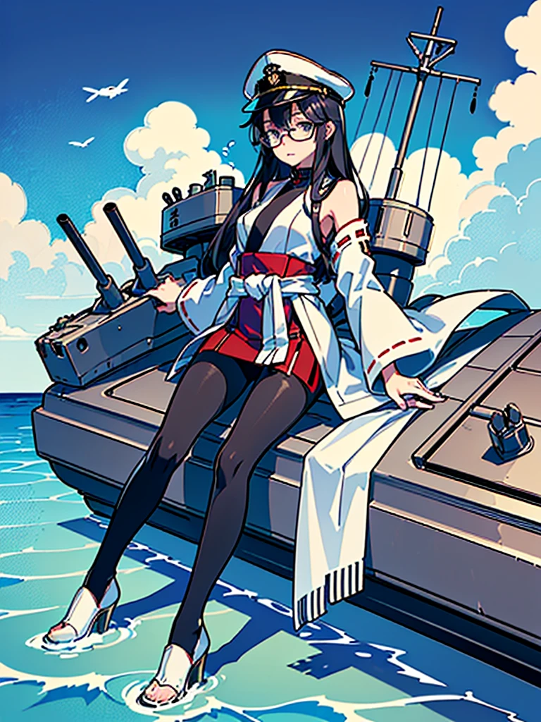 ((((Full body of a woman with perfect flat chest、Short, unkempt black hair、white military jacket、Miko costume、tights、Black glasses、White military cap、Cloudy eyes、Sleepy expression)))), (((masterpiece))), (((Shipgirl))), (Another woman hugging、Long purple hair、Messy Hair、Big Breasts、Miko costume), ((Floating on the morning sea with both feet)), (Spread your legs wide open), (Holding a spear in his right hand), (Mechanical arms extending from the waist are used to equip the ship with battleship equipment.), (Equipped with a turret on the back), (Holds the turret with his left arm), Torpedo tubes on thighs, Spreading the Machine's Wings, Machine tail, shotgun,