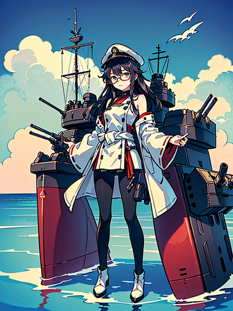 ((((Full body of a woman with perfect flat chest、Short, unkempt black hair、white military jacket、Miko costume、tights、Black glasses、White military cap、Cloudy eyes、Sleepy expression)))), (((masterpiece))), (((Shipgirl))), (Another woman hugging、Long purple hair、Messy Hair、Big Breasts、Miko costume), ((Floating on the morning sea with both feet)), (Spread your legs wide open), (Holding a spear in his right hand), (Mechanical arms extending from the waist are used to equip the ship with battleship equipment.), (Equipped with a turret on the back), (Holds the turret with his left arm), Torpedo tubes on thighs, Spreading the Machine's Wings, Machine tail, shotgun,