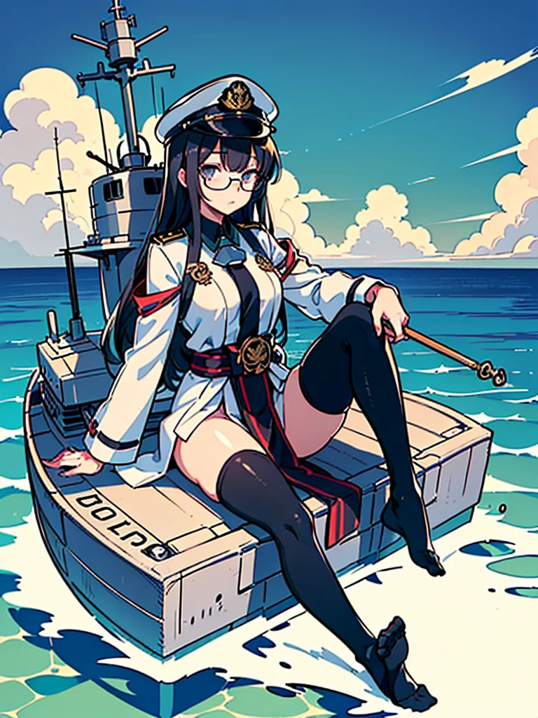 ((((Full body of a woman with perfect flat chest、Short, unkempt black hair、white military jacket、Miko costume、tights、Black glasses、White military cap、Cloudy eyes、Sleepy expression)))), (((masterpiece))), (((Shipgirl))), (Another woman hugging、Long purple hair、Messy Hair、Big Breasts、Miko costume), ((Floating on the morning sea with both feet)), (Spread your legs wide open), (Holding a spear in his right hand), (Mechanical arms extending from the waist are used to equip the ship with battleship equipment.), (Equipped with a turret on the back), (Holds the turret with his left arm), Torpedo tubes on thighs, Spreading the Machine&#39;s Wings, Machine tail,  shotgun, 