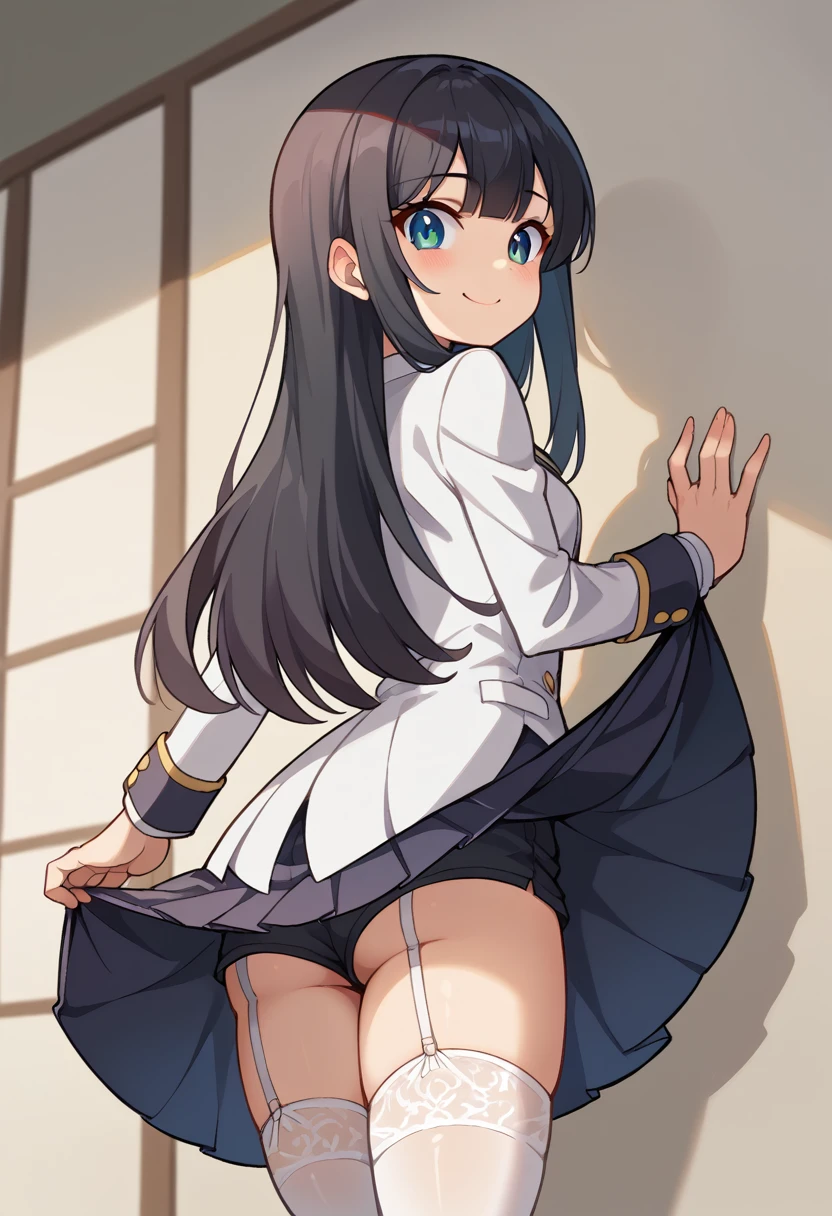 (Rear insertion position, ), Black Hair, Long Hair, Cute Hips, lure, ,(White blazer student uniform、Long skirt、Sexy Shorts、Garter Stockings), (Turn around and put your hands on the wall), Bend、nsfw、BREAK Perfect Anatomy、highest quality、(cute:1.1)、(cute)、(High resolution:1.2)、Unbelievably absurd:1.3、Incredible illustrations、(cuteイラスト:1.2)、Beautiful background、(1 girl) 、solo)、(10th Generation、JK、Loli face、Small breasts:1.2)、slender、、(skirt lift,upskirt,from behind),、(tooth:0.6)、Cheeky 、Eye highlights、A confident smile、