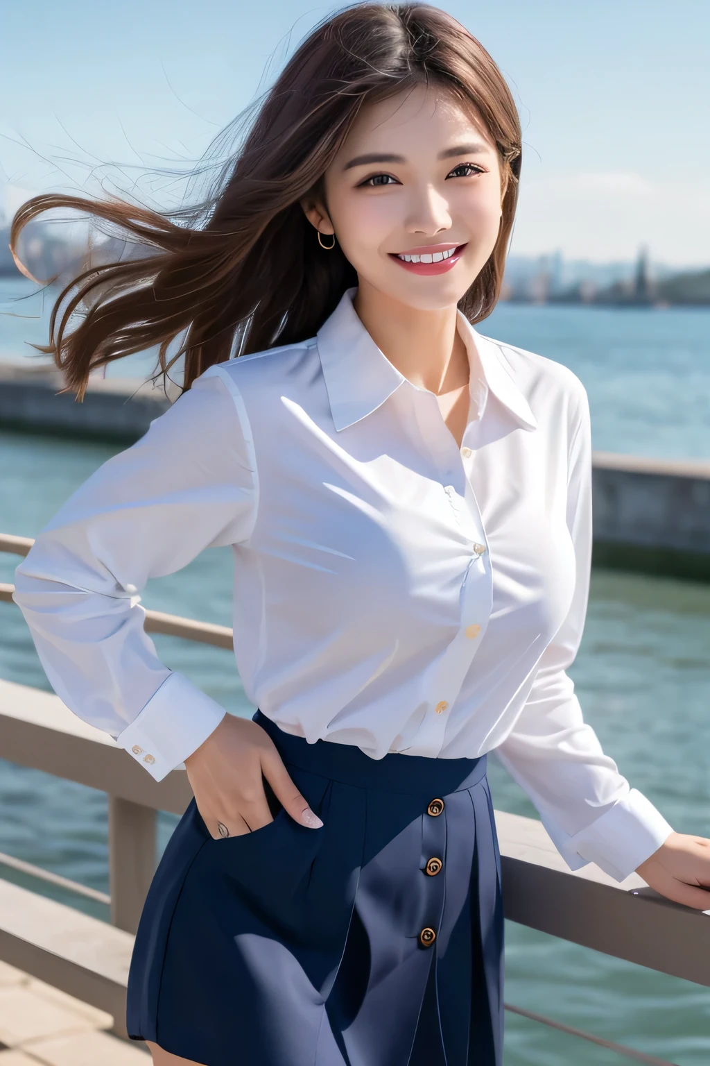 ((highest quality、Tabletop、8k、Best image quality、Very complex and detailed))、(1 person photo:1.1)、Looking at the camera with a big smile、Beautiful Sandy Beach、(White polyester button-up collar shirt:1.2)、Navy Pleated Skirt、expensive 、(Busty and bursting:1.1)、(Accentuate your body lines:1.1)、Cleavage、(Face close-up:1.15)、Attractive body、Hair swaying in the wind、smile、Beautiful teeth alignment、The background is the city