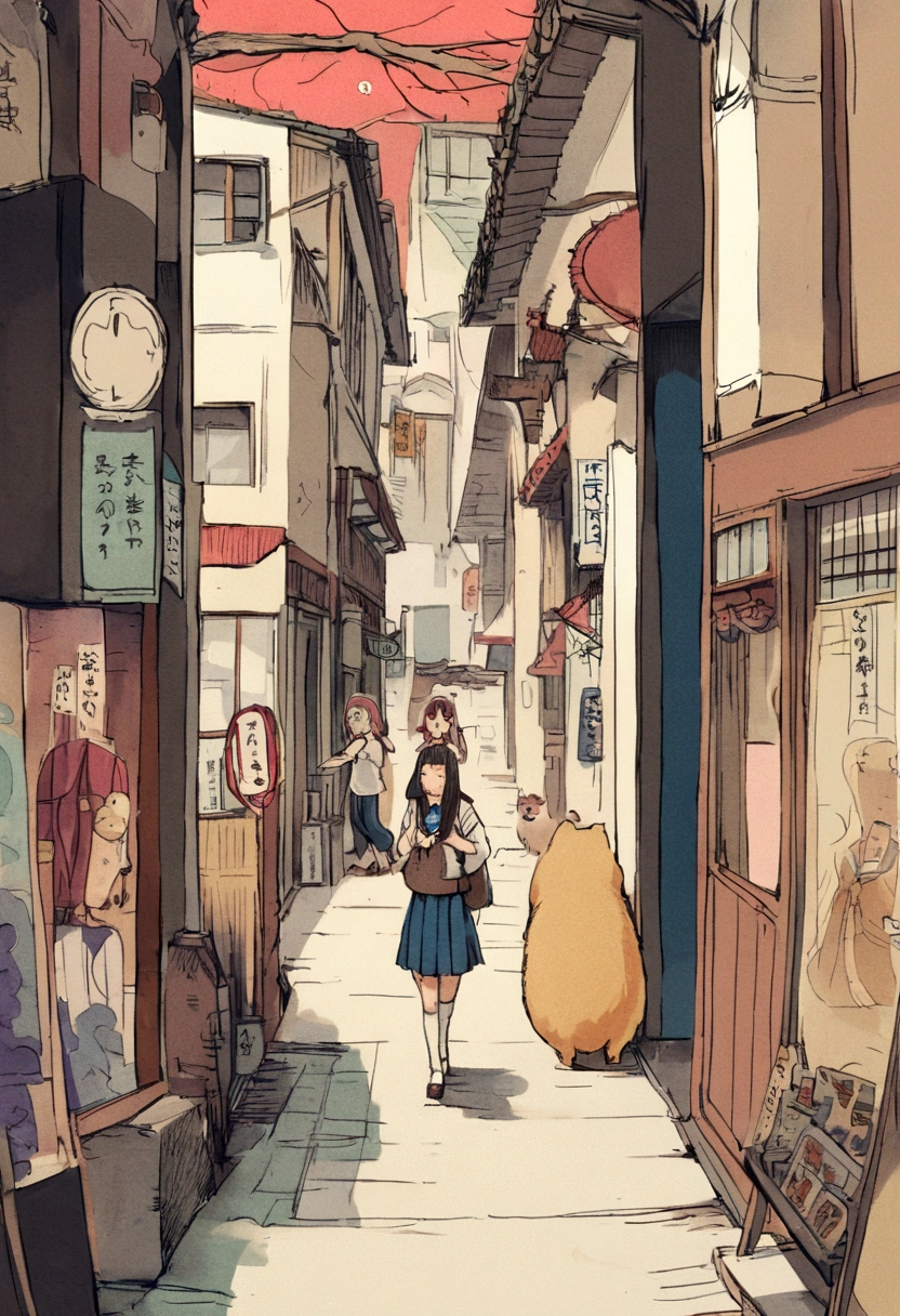 Asian woman in arafe in skirt and Backpack walks down the street, with a Backpack, Seifuku, Surreal , Surreal , Japanese , sakimichan, Japanese girls uniform, Backpack, Acquire Japanese language skills , shikamimi, Chiho, high school girl, by Shiba Kōkan