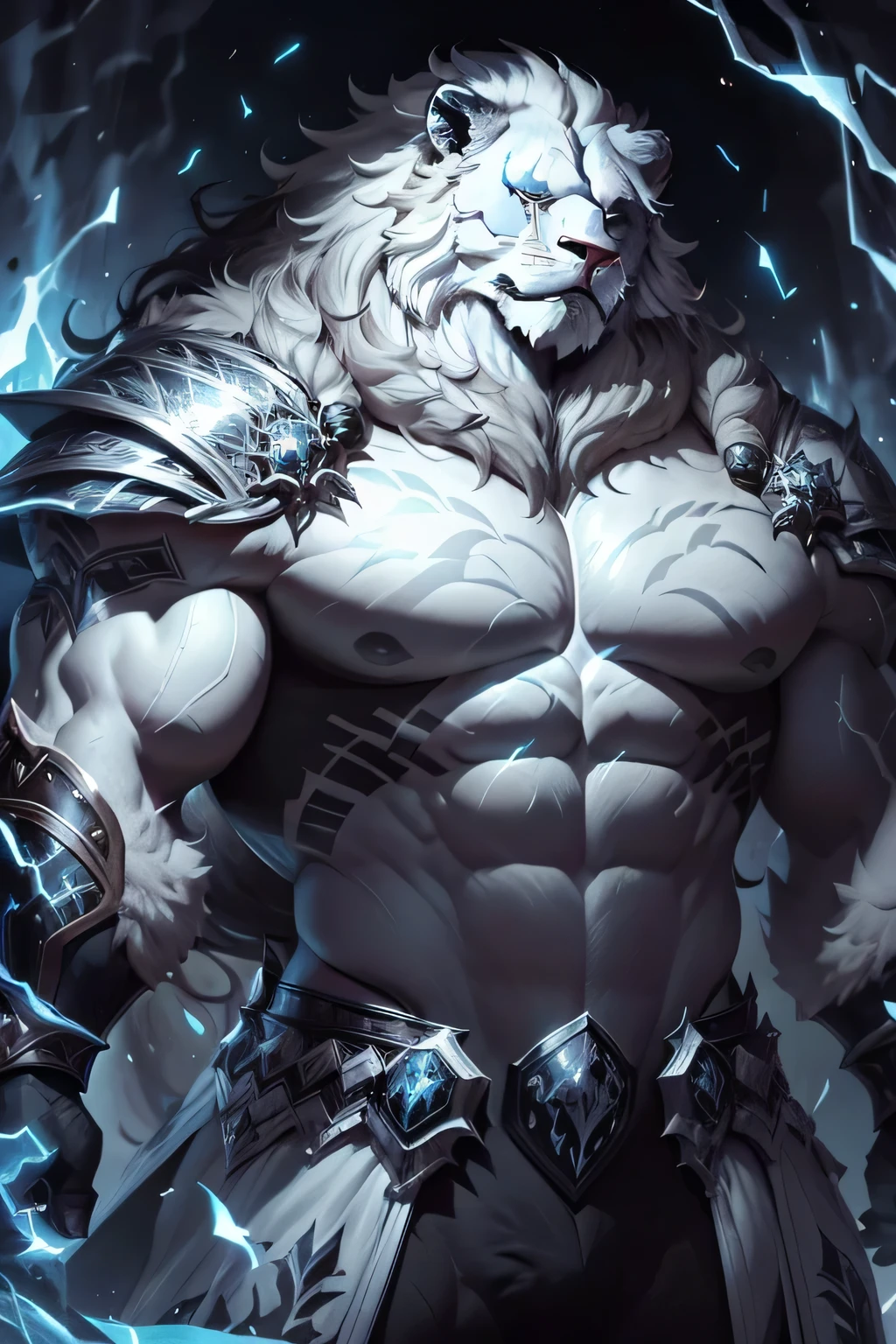 Majestic Anthropomorphic Lion-hunk, a regal figure cloaked in black armor, his shimmering white fur contrasting dramatically against the dark armor. His muscular physique is evident beneath the armor, giving an RPG-like appearance that exudes power and strength. This majestic creature, reminiscent of a lion, adds an enchanting touch to a furry art masterpiece.