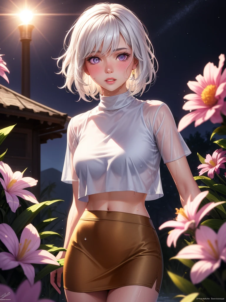realistic, 1girl, white hair, purple eyes, glowing eyes, crop top, skirt, parted lips, blush, night, flowers, sun, sunlight, camel toe, wet, naked girl,