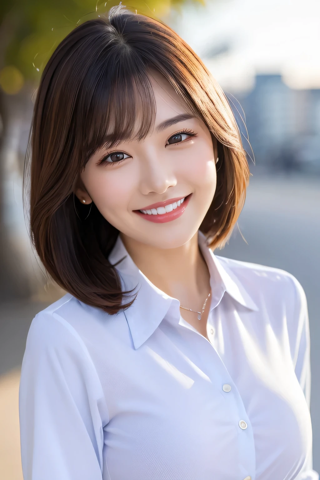 A close up of a woman in a white shirt smiling - SeaArt AI