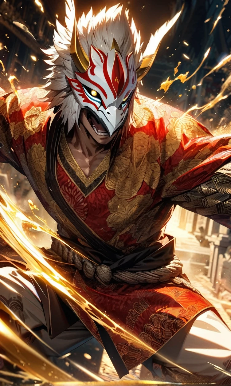 absurdres, highres, ultra detailed, HDR, masterpiece, extremely detailed face and eyes,Indonesian Super Hero costume,,red and white Garuda costume, Garuda eagle mask, , Indonesia batik pattern , solo, man, handsome, ,, , Epic fight scene, golden splashing effect, golden effect,glowing glitters