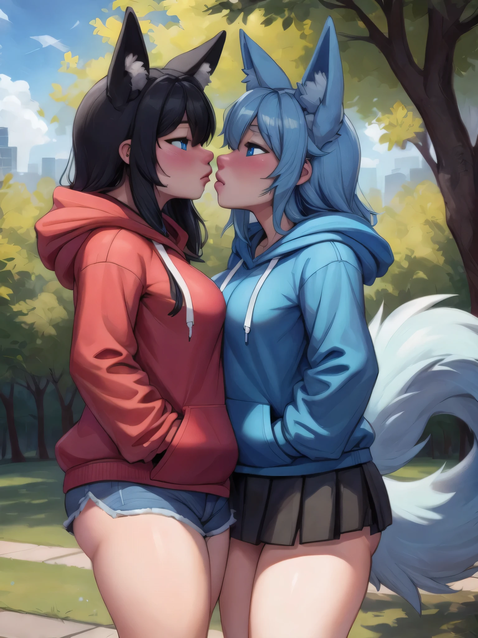 (Masterpiece) (High Detail) (High Res) A short humanoid girl with pale human skin and blue eyes and long blue hair and blue dog ears and a fluffy blue dog tail and average breasts. She is stood in the park wearing a large oversized hoodie and small denim shorts. She is kissing a taller girl with black hair and black dog ears and a thick black fluffy tail and is wearing a skirt and nothing else.