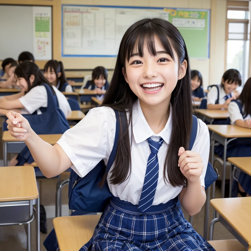 Laughing Japanese high school girl、High 、School classroom、Laughing with your mouth open、Smiling at the camera