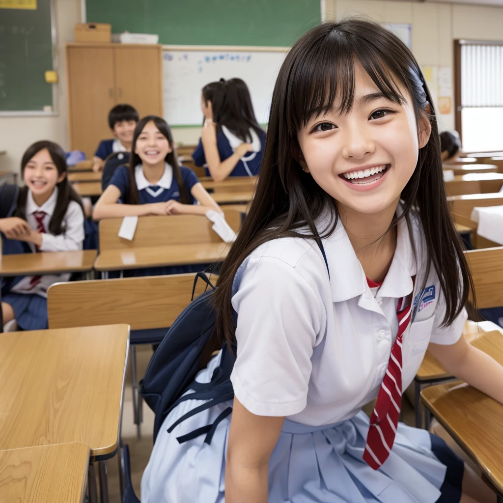 Laughing Japanese high school girl、High 、School classroom、Laughing with your mouth open、Smiling at the camera