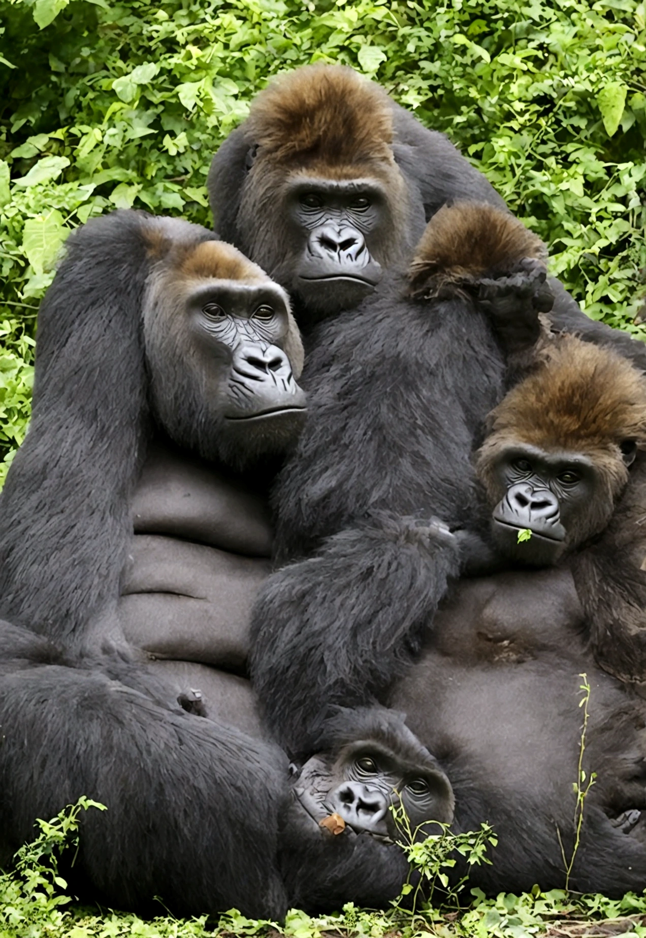 Create an image of a serene and peaceful scene where a gorilla and a lion are sleeping together. The gorilla should be lying on its back with its arms folded behind its head, and the lion should be curled up next to the gorilla, resting its head on the gorilla's chest. The background should be a lush, green jungle with soft sunlight filtering through the leaves, creating a warm and tranquil atmosphere. Both animals should appear relaxed and content, with closed eyes and gentle expressions.