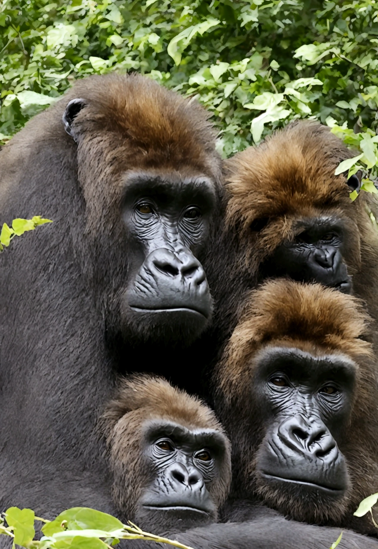 Create an image of a serene and peaceful scene where a gorilla and a lion are sleeping together. The gorilla should be lying on its back with its arms folded behind its head, and the lion should be curled up next to the gorilla, resting its head on the gorilla's chest. The background should be a lush, green jungle with soft sunlight filtering through the leaves, creating a warm and tranquil atmosphere. Both animals should appear relaxed and content, with closed eyes and gentle expressions.