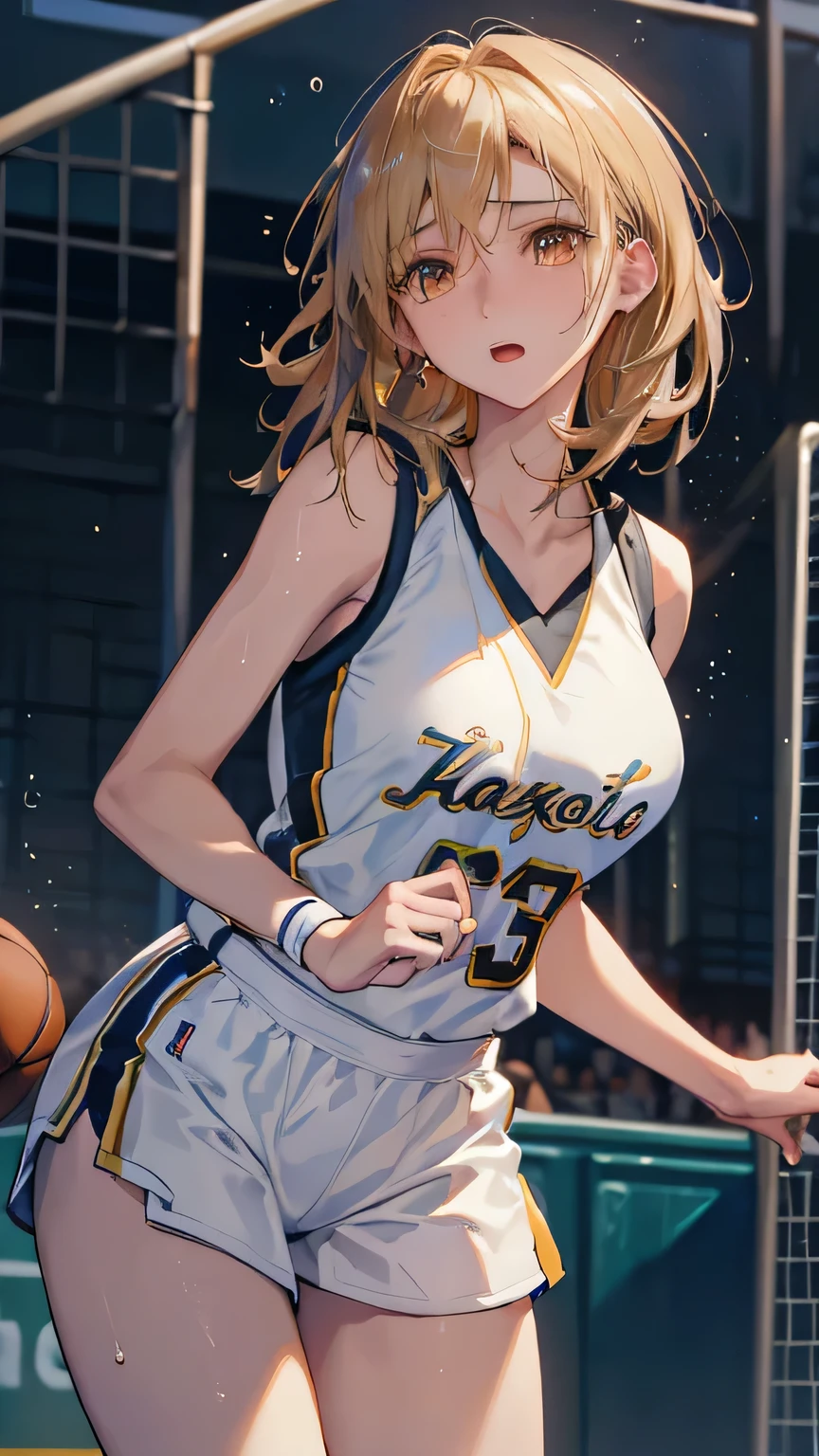 ((best quality)), ((masterpiece)), (detailed), perfect face, (best quality), (detailed skin:1.3), (intricate details), Female professional basketball player, NBA, ((dunk shot, bascketball)), under the goal, jumping, sweat pouring out, a scene during the game, tifa lockhart, cowboy shot, blonde hair, medium hair