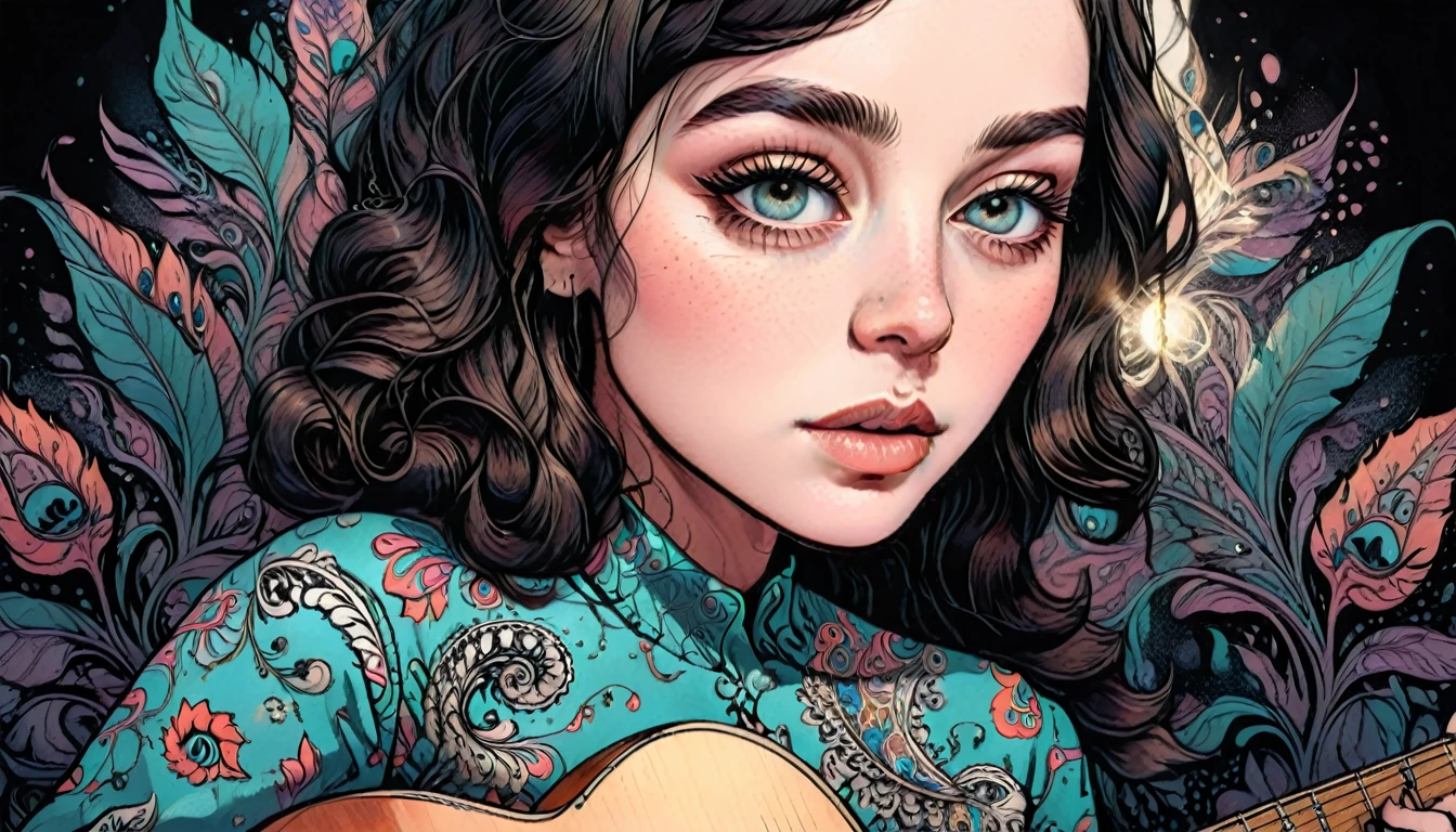 a woman wearing a paisley jumpsuit playing guitar, beautiful detailed eyes, beautiful detailed lips, extremely detailed eyes and face, long eyelashes, photorealistic, 8k, hyperrealistic, beautiful lighting, natural colors, dynamic composition, highly detailed, intricate details, cinematic lighting, dramatic shadows, atmospheric, stunning, gorgeous, vibrant colors, masterpiece, illustration