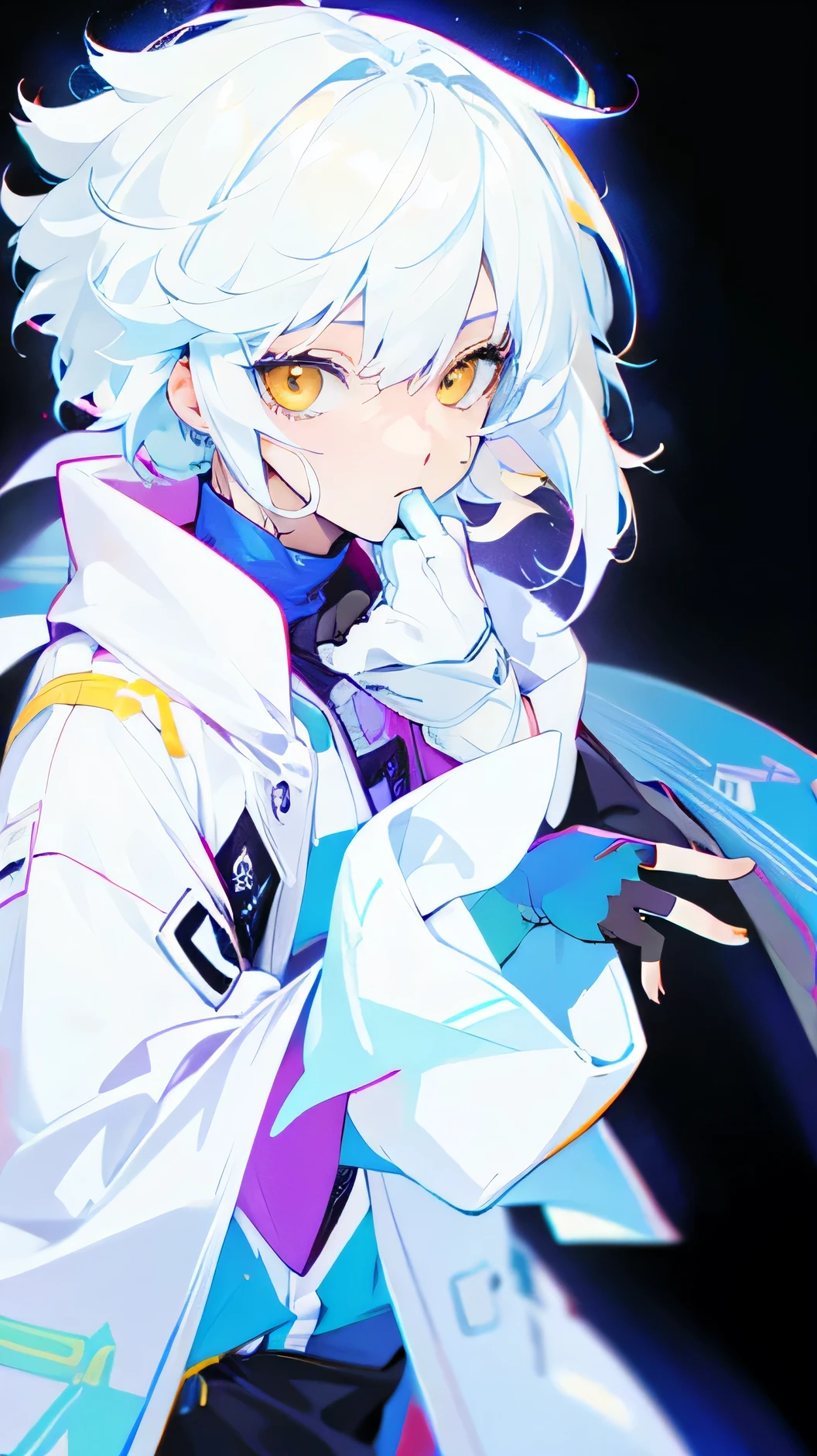 1 man,White jacket, yellow eyes,White blue hair, black glove,realistic,ultra detail.