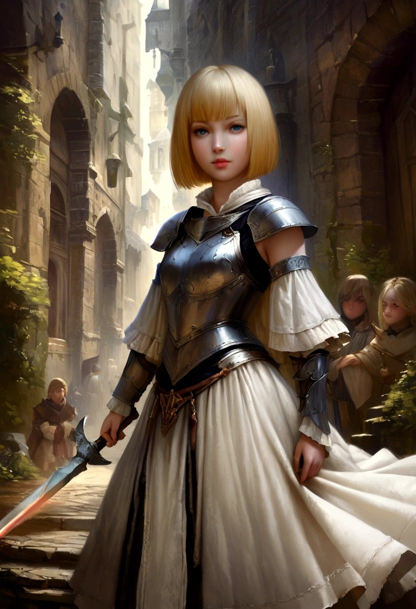 British girl with short, straight blonde hair, Van, Bobcut, blue eyes, , young, Pale skin, Slender body, Small breasts, Small breasts, Ultra-high resolution, Ultra-high resolution, (Realistic:1.4), Doll-like face, White robe、Metal armor, Plasma Sword、Background Medieval Fantasy