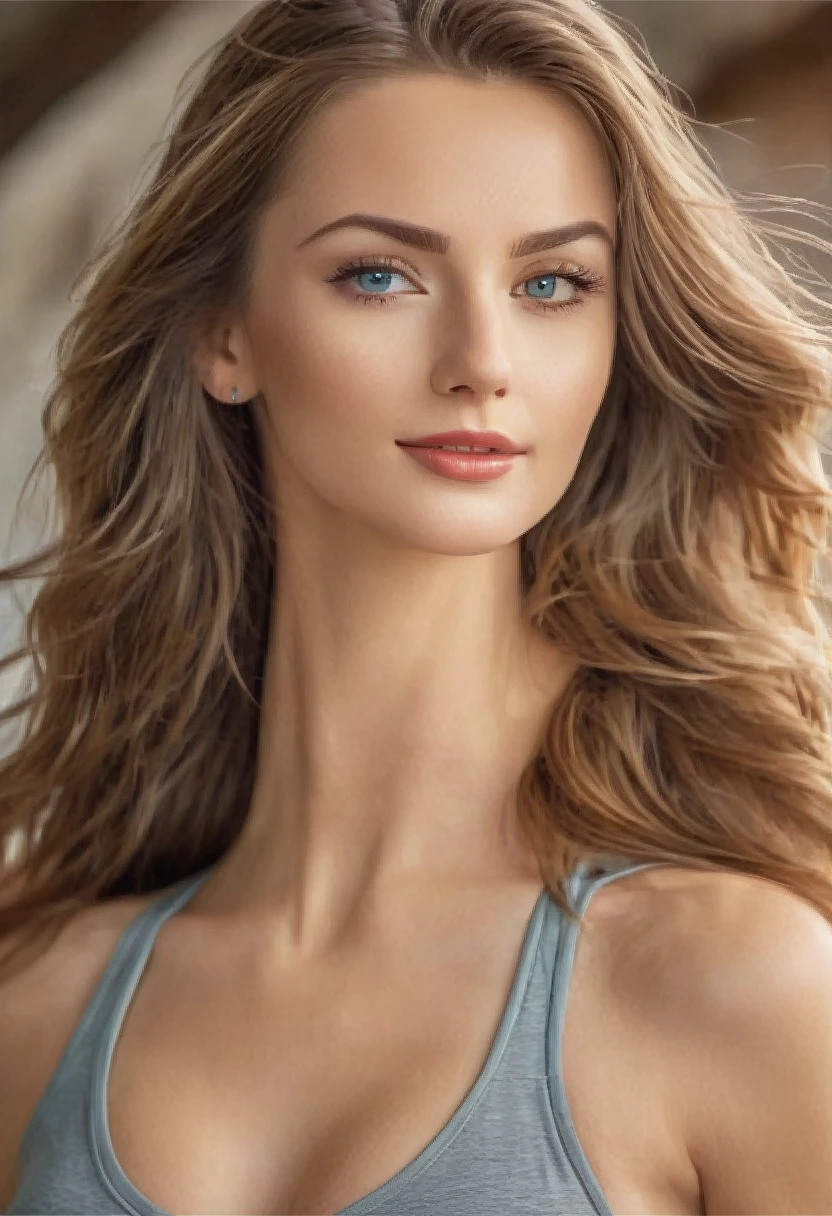 a russian lady,highest quality. big eye,TStunning woman posing confidently in front of a crisp background, her long hair flowing down her back like a golden waterfall. Radiant smile illuminates her face as she showcases her toned physique in yoga shorts and crop top. Camera zooms in with sharp focus on her eyes, highlighting individual skin pores and every detail. Shot in 8K high definition, perfectly lit to emphasize her beauty. Edited in Adobe Lightroom for optimal color accuracy, this ultra-detailed masterpiece captures her elegance and charm.red