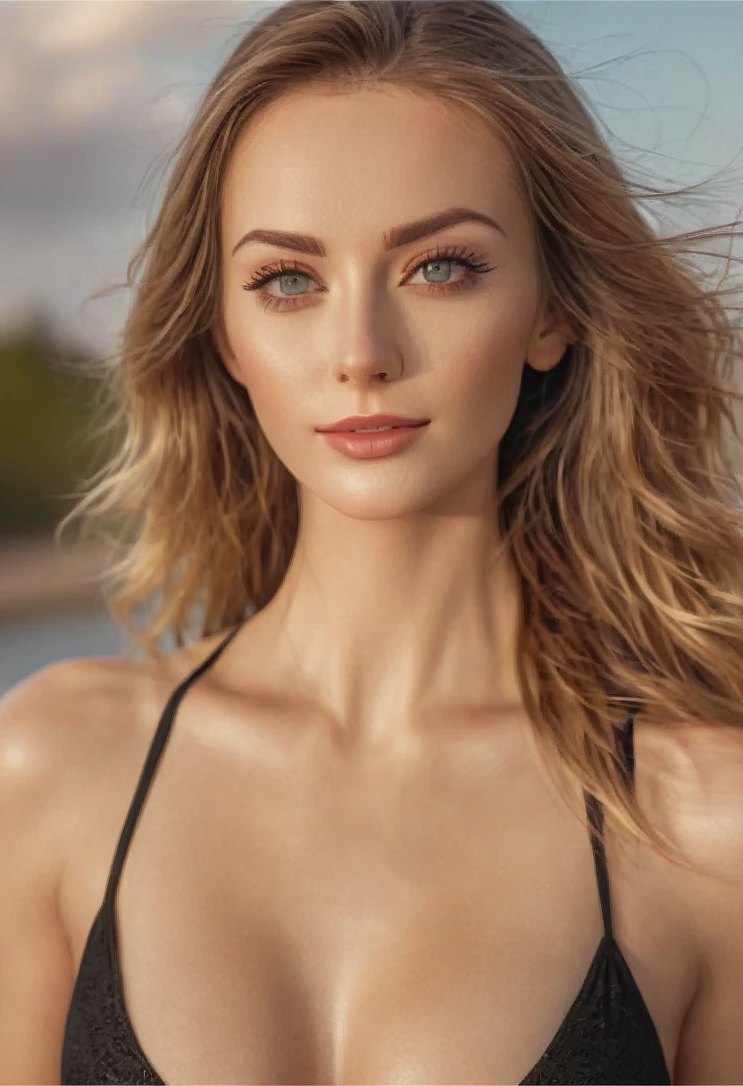 arafed woman fully , sexy girl with blue eyes, ultra realistic, meticulously detailed, portrait sophie mudd, blonde hair and large eyes, selfie of a young woman, violet myers, without makeup, natural makeup, looking directly at the camera, face with artgram, subtle makeup, stunning full body shot kneeling on the beach, medium to large size bust,black leather micro mini bikini with knee high boots, ponytail tied hair, full head to toe image