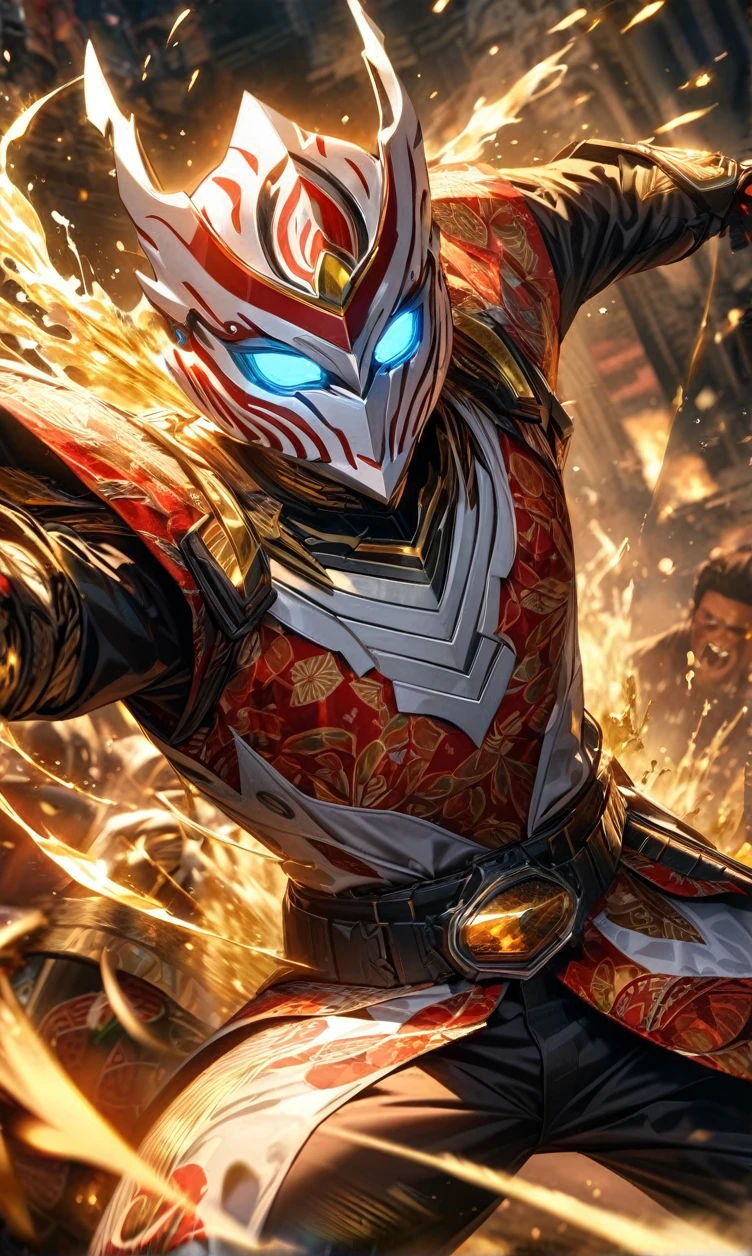 absurdres, highres, ultra detailed, HDR, masterpiece, extremely detailed face and eyes,Indonesian Kamen rider,,red and white Garuda Kamen rider costume, Garuda Kamen rider mask, , Indonesia batik pattern , solo, man, handsome, ,, , Epic fight scene, golden splashing effect, golden effect,glowing glitters