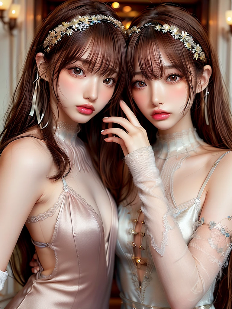 ( high quality , Very detailed, look at your hands )Zodiac sign - Gemini Goddess , Similar to Latin goodness , Twin Goddesses , Curious, Skillful, Humorous, attractive, Imaginative faces , Sometimes unrealistic, Restless, Nervous, Careless style , Light brown eyes , Light blonde hair , Transparent dress , in the windy sea , whole body , Sexy Makeup ,